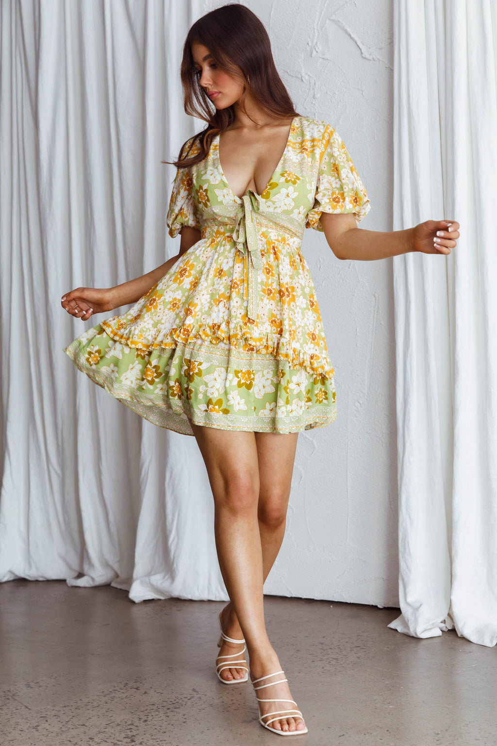 yellow floral mini dress Rosy Tied Bust Mini Dress Floral Apple/Yellow