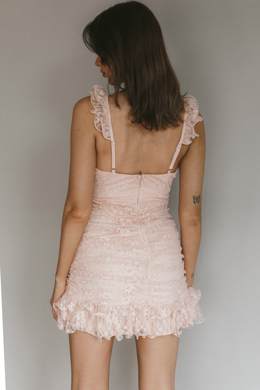 Kaley Ruched Side Layered Frill Hem Lace Mini Dress Blush by Selfie Leslie