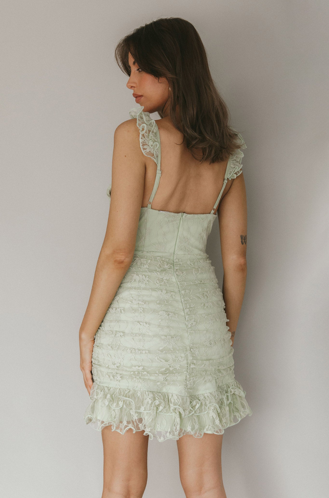 Kaley Ruched Side Layered Frill Hem Lace Mini Dress Sage by Selfie Leslie