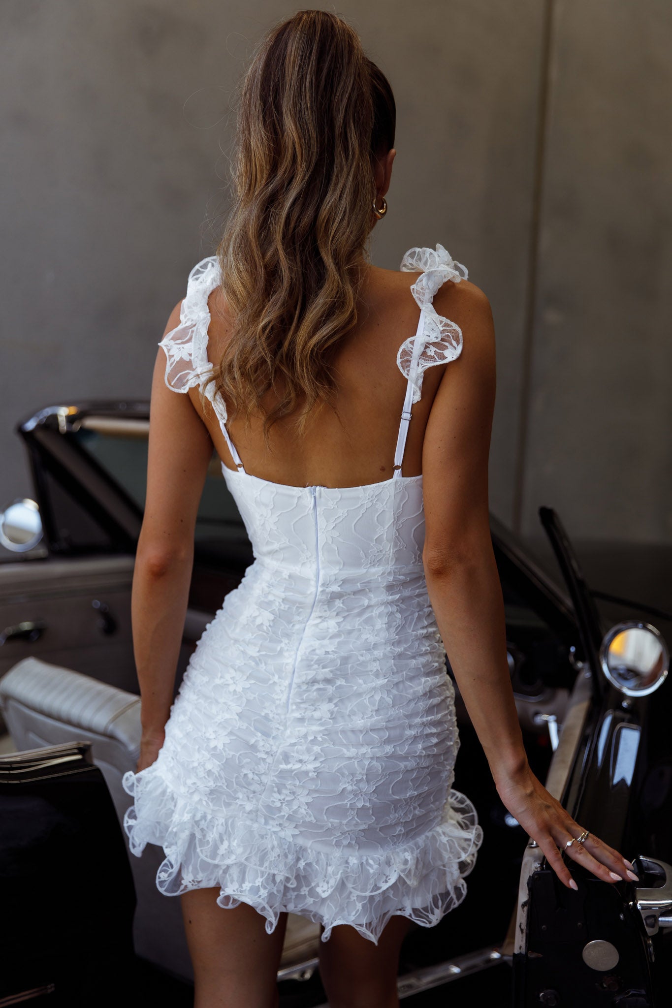 Kaley Ruched Side Layered Frill Hem Lace Mini Dress White - XS Kaley Ruched Side Layered Frill Hem Lace Mini Dress White - XS