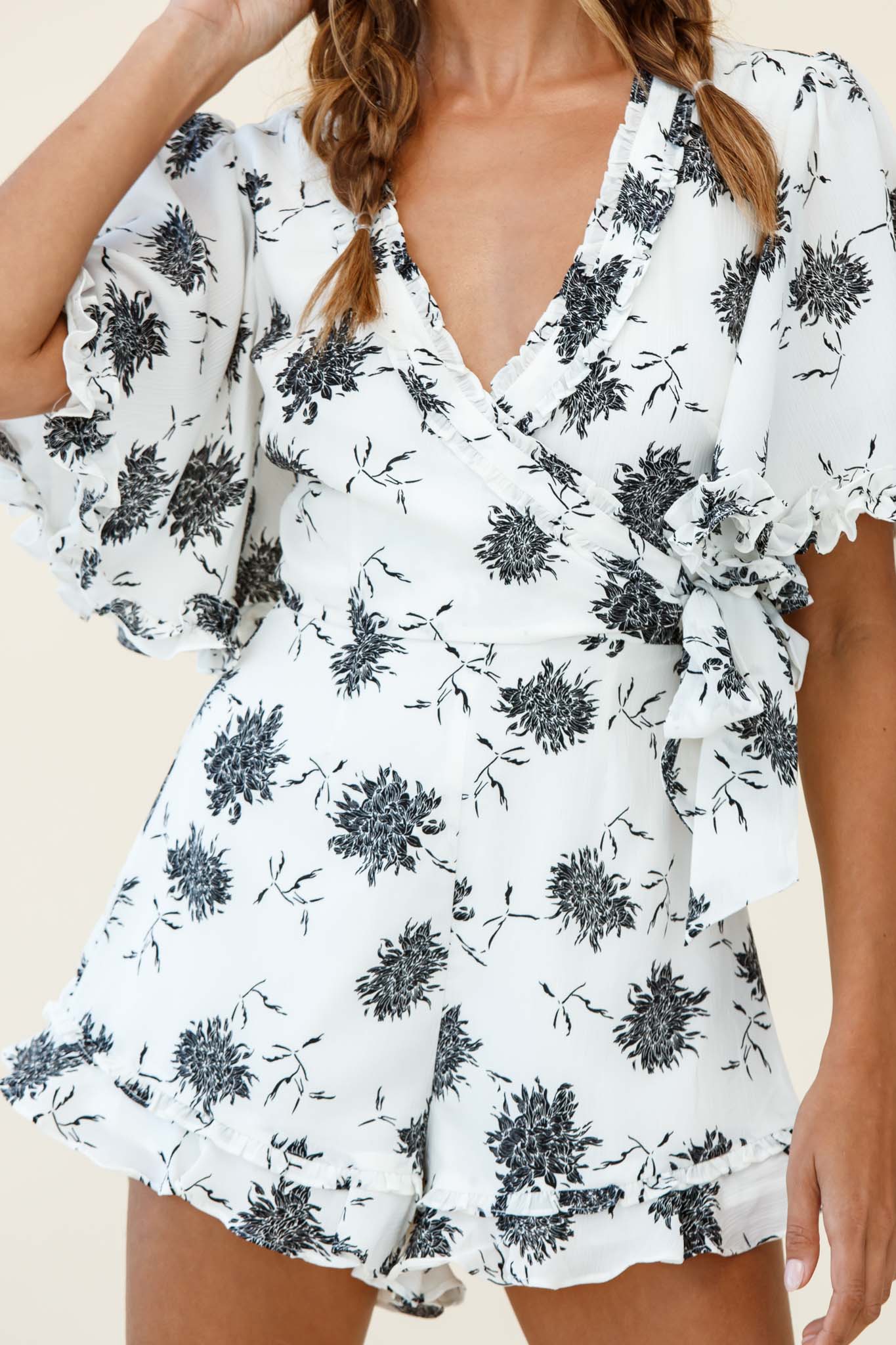 Wild Heart Bell Sleeve Wrap Romper Floral Print White by Selfie Leslie