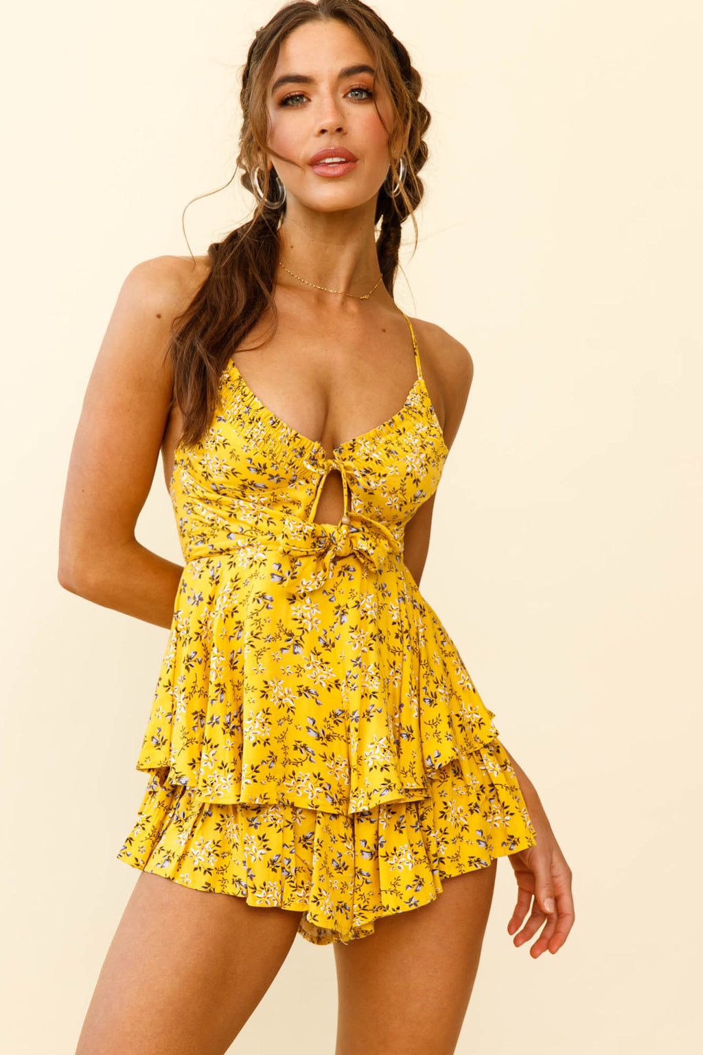 Sweet Revenge Shirred Neckline Bust Tie Romper Floral Print Steel Yellow by Selfie Leslie