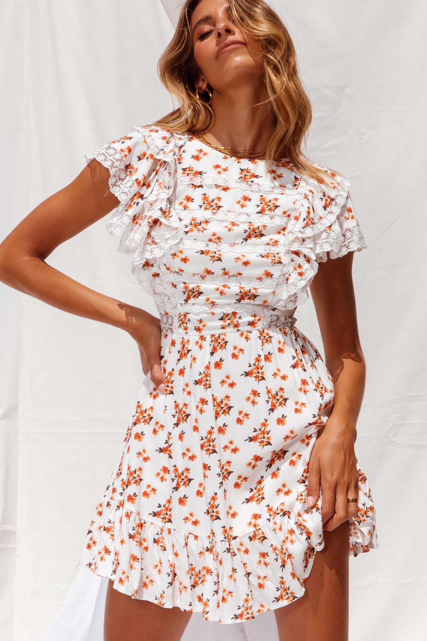 Hello Sunshine Lace Trim Ruffle Shoulder Dress Floral Print White/Orange by Selfie Leslie