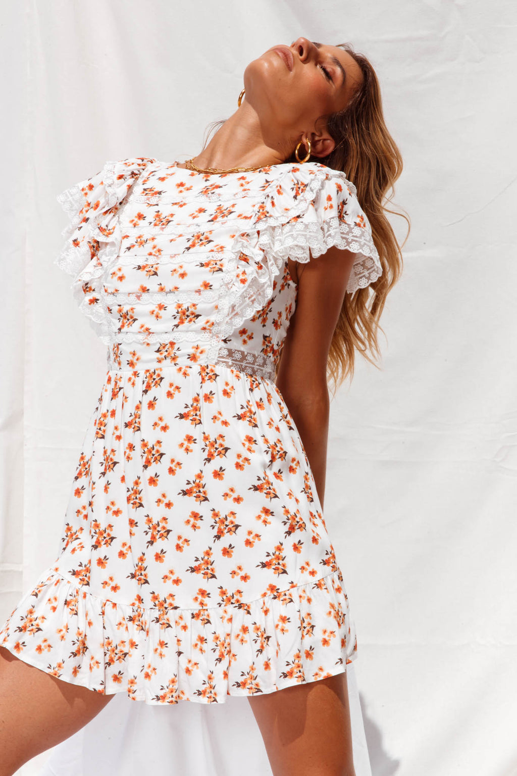 Hello Sunshine Lace Trim Ruffle Shoulder Dress Floral Print White/Orange by Selfie Leslie