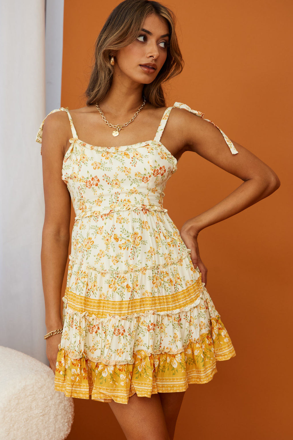 West Coast Frill Trim Tied Shoulders Dress Floral Print Beige Multi by Selfie Leslie