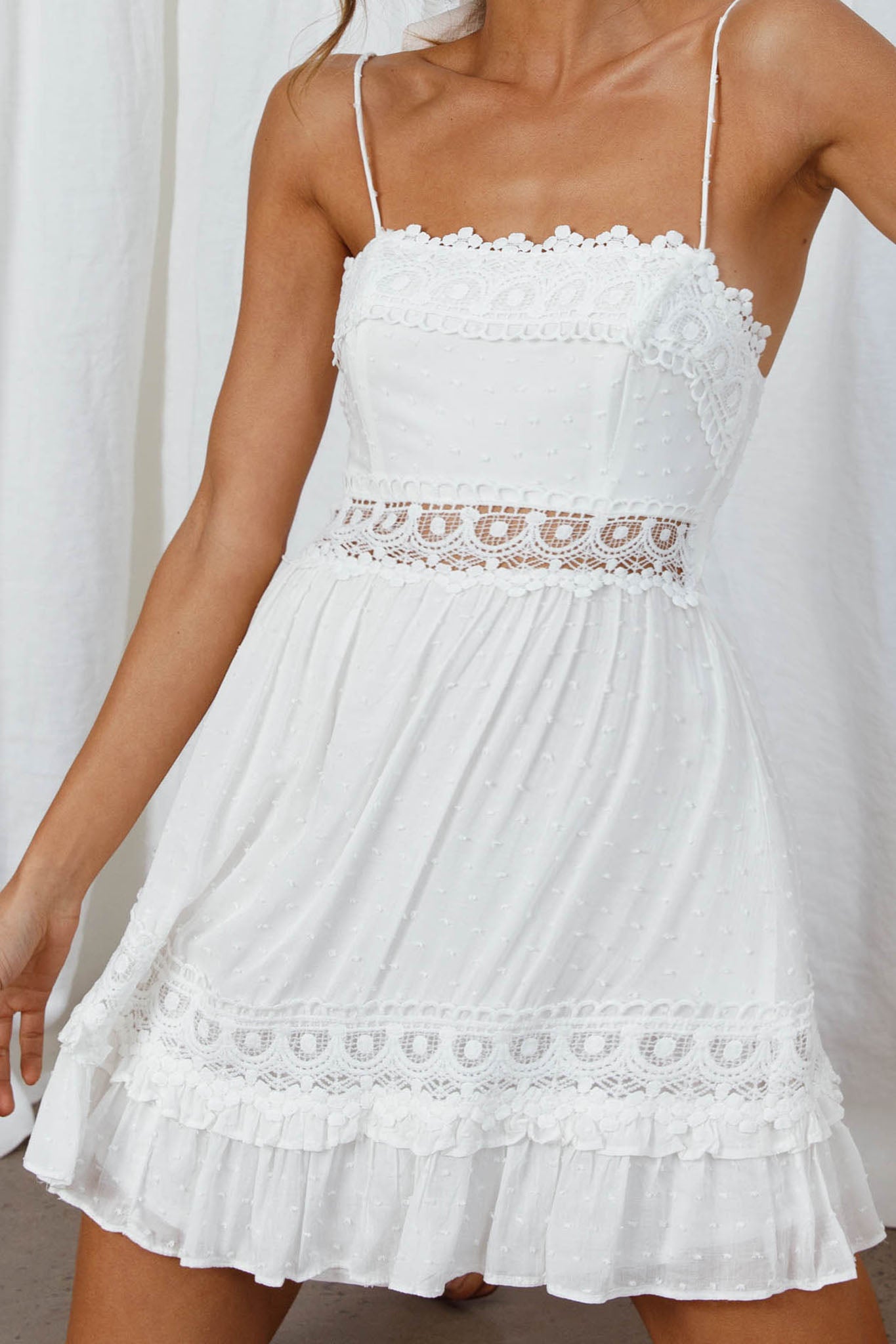 Desert Nights Crochet Lace Trim Tied Back Sun Dress White by Selfie Leslie