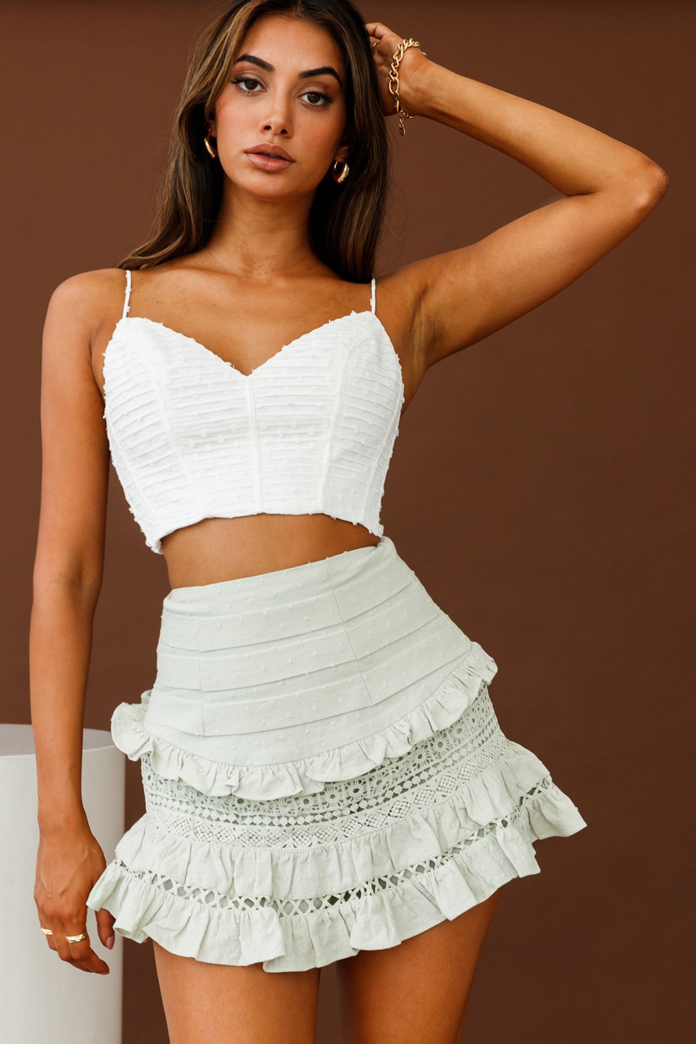 Perfect Timing Pleated Waist Frill Trim Mini Skirt Sage by Selfie Leslie