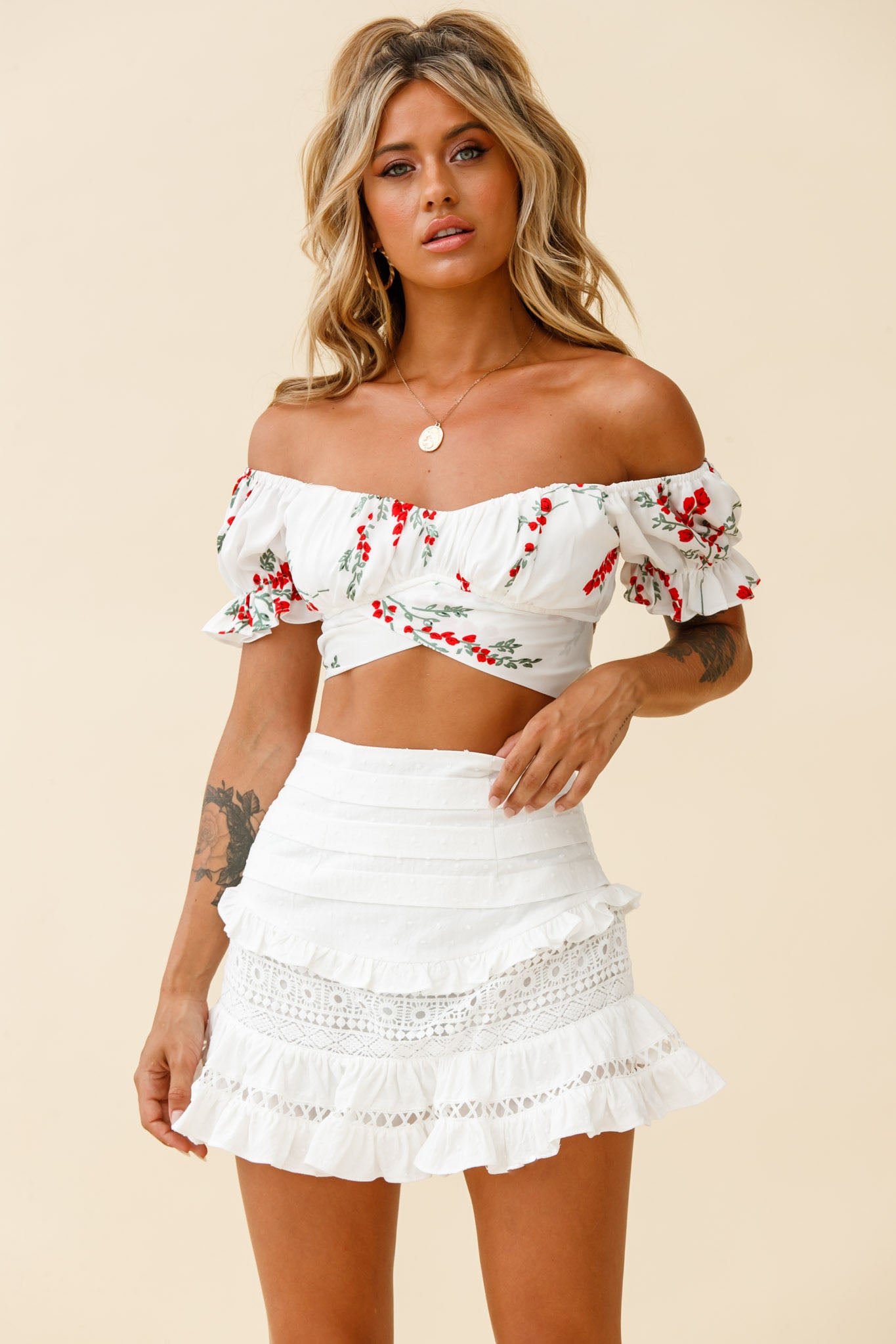 Perfect Timing Pleated Waist Frill Trim Mini Skirt White by Selfie Leslie
