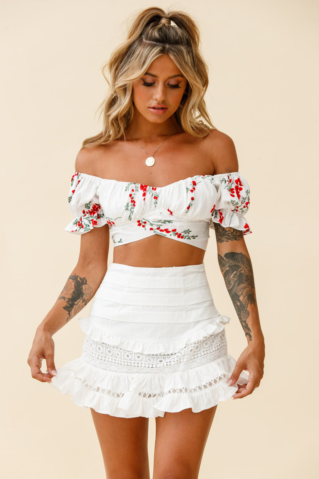 Perfect Timing Pleated Waist Frill Trim Mini Skirt White by Selfie Leslie