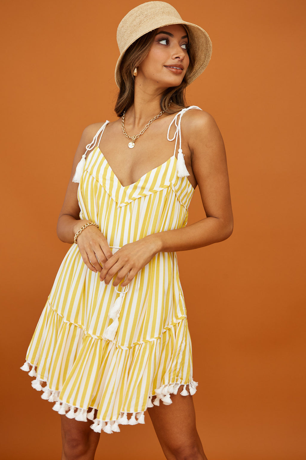 Orlando Tassel Trim Tied Shoulder Swing Dress Yellow Stripe by Selfie Leslie