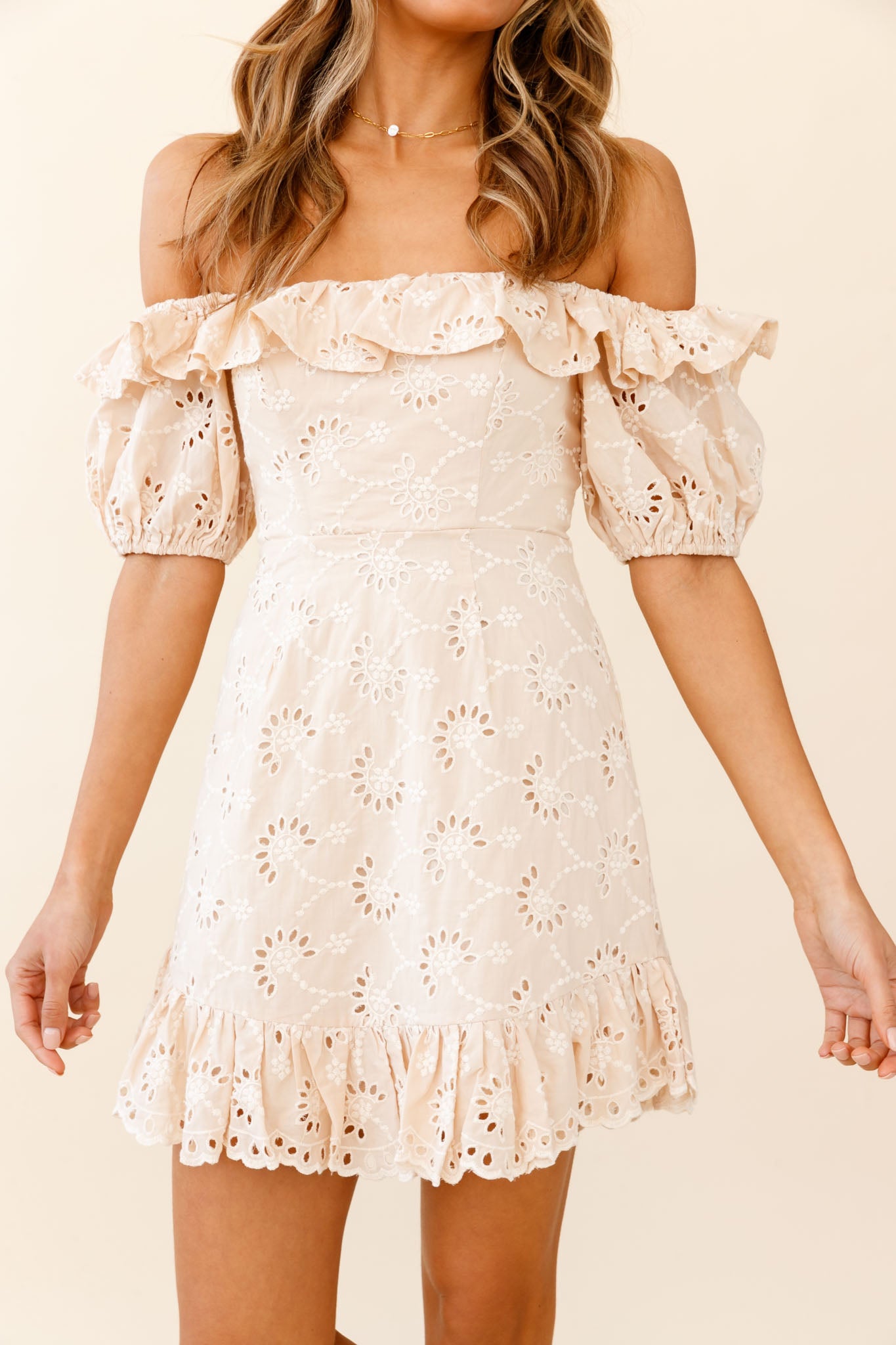 Up Front Puff Sleeve String-Tie Halterneck Embroidery Dress Beige by Selfie Leslie