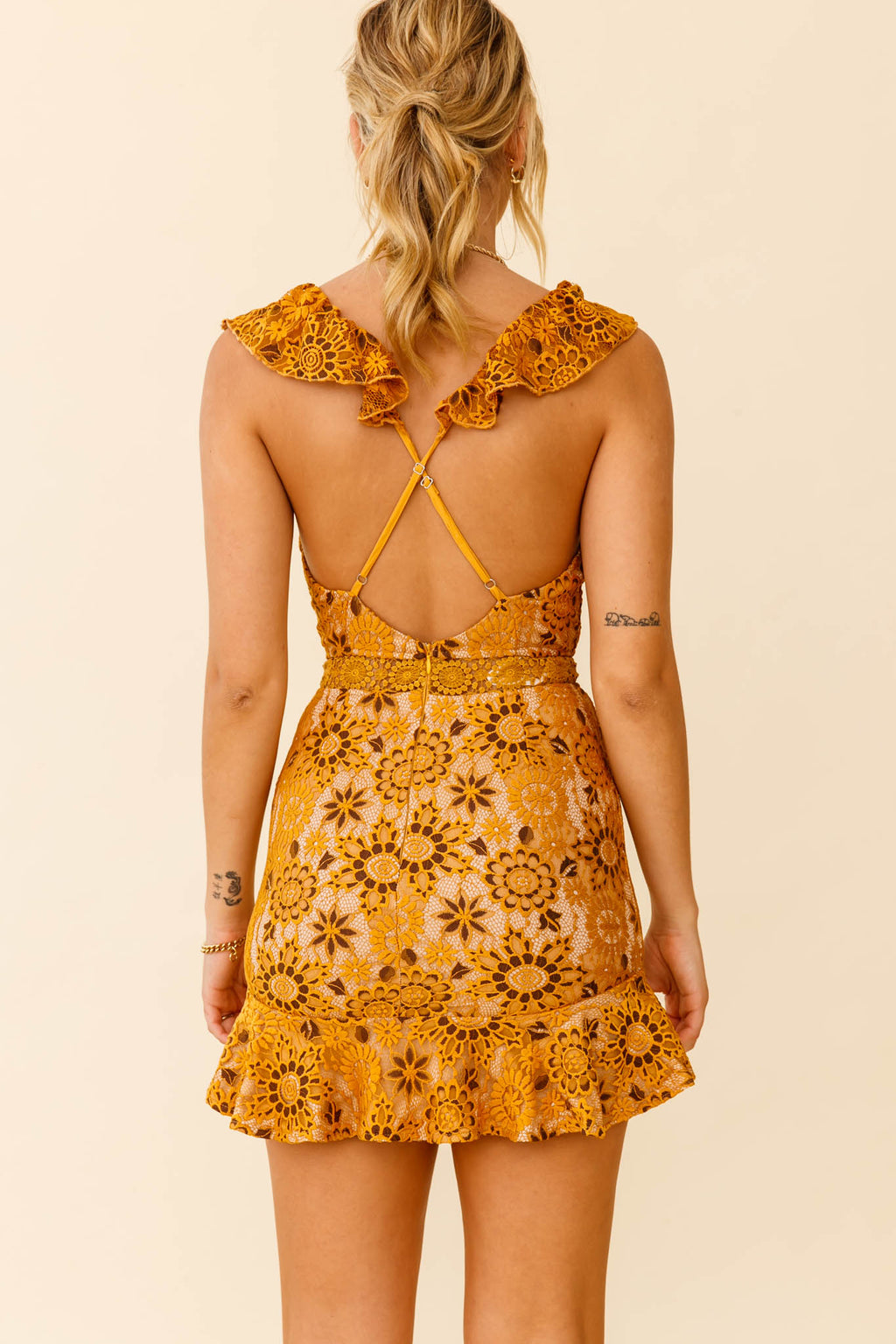 Short Story Ruffle Strap Criss-Cross Back Dress Floral Lace Mustard by Selfie Leslie