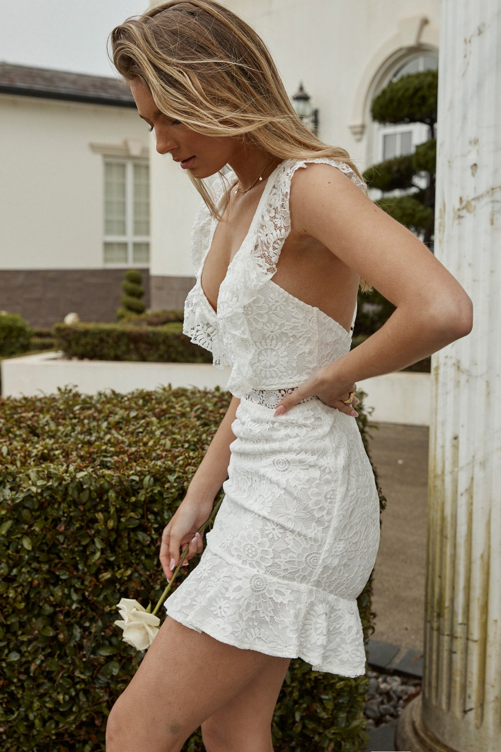 Short Story Ruffle Strap Criss-Cross Back Dress Floral Lace White by Selfie Leslie