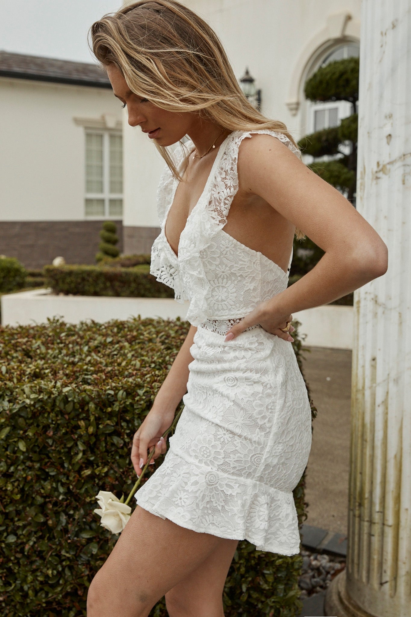 Short Story Ruffle Strap Criss-Cross Back Dress Floral Lace White by Selfie Leslie