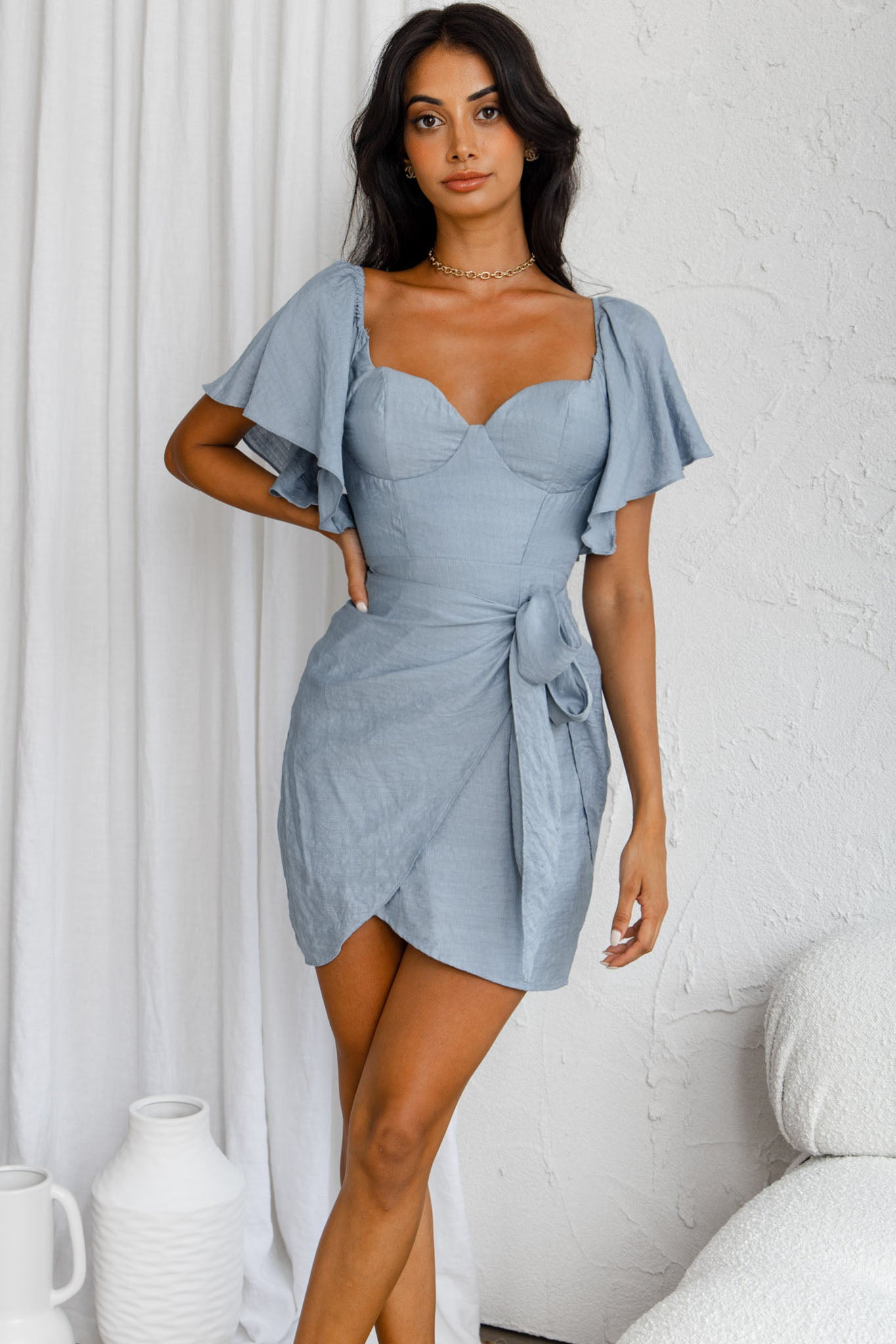 Shop the Aphrodite Molded Bust Angel Sleeve Wrap Dress Blue | Selfie Leslie