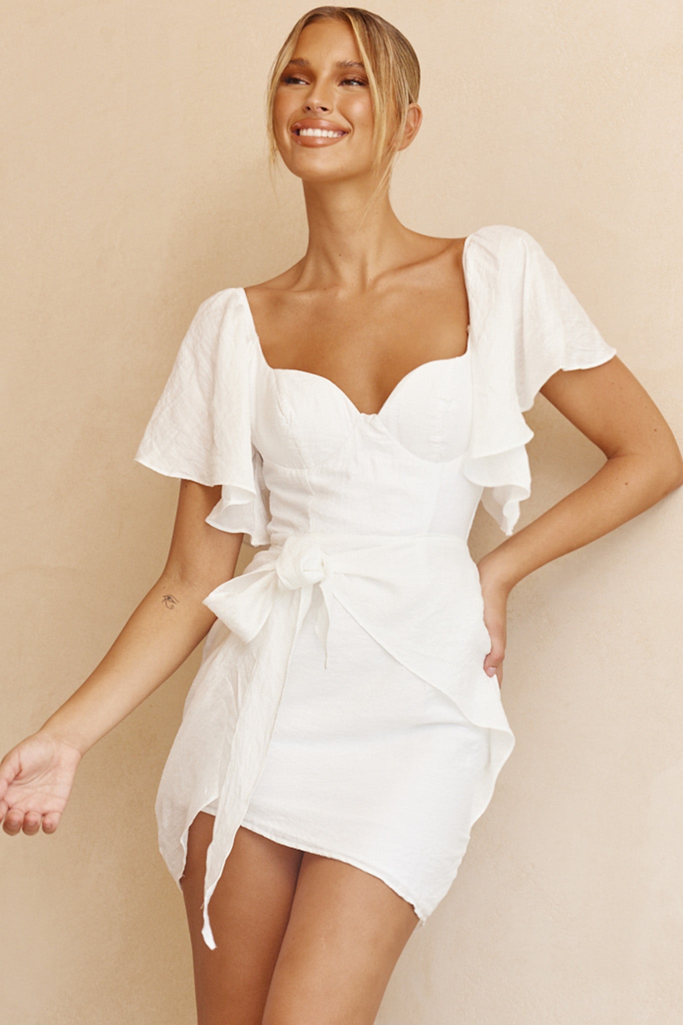 Aphrodite Molded Bust Angel Sleeve Wrap Dress White by Selfie Leslie