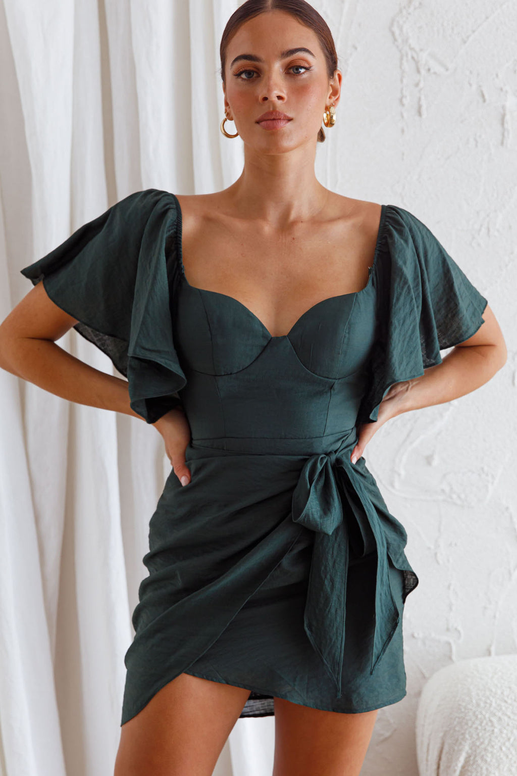 Aphrodite Molded Bust Angel Sleeve Wrap Dress Forest Green by Selfie Leslie