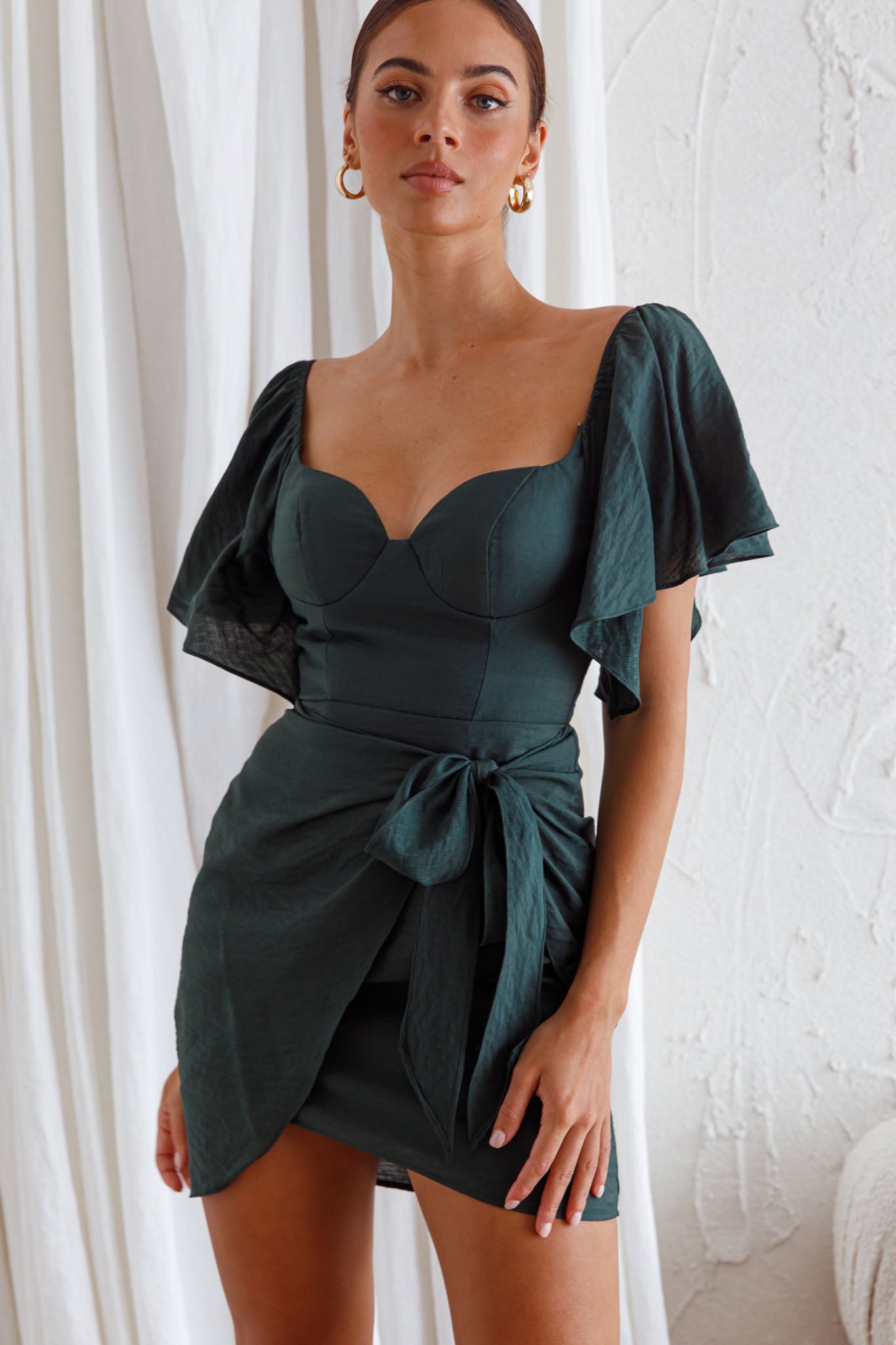 Aphrodite Molded Bust Angel Sleeve Wrap Dress Forest Green by Selfie Leslie