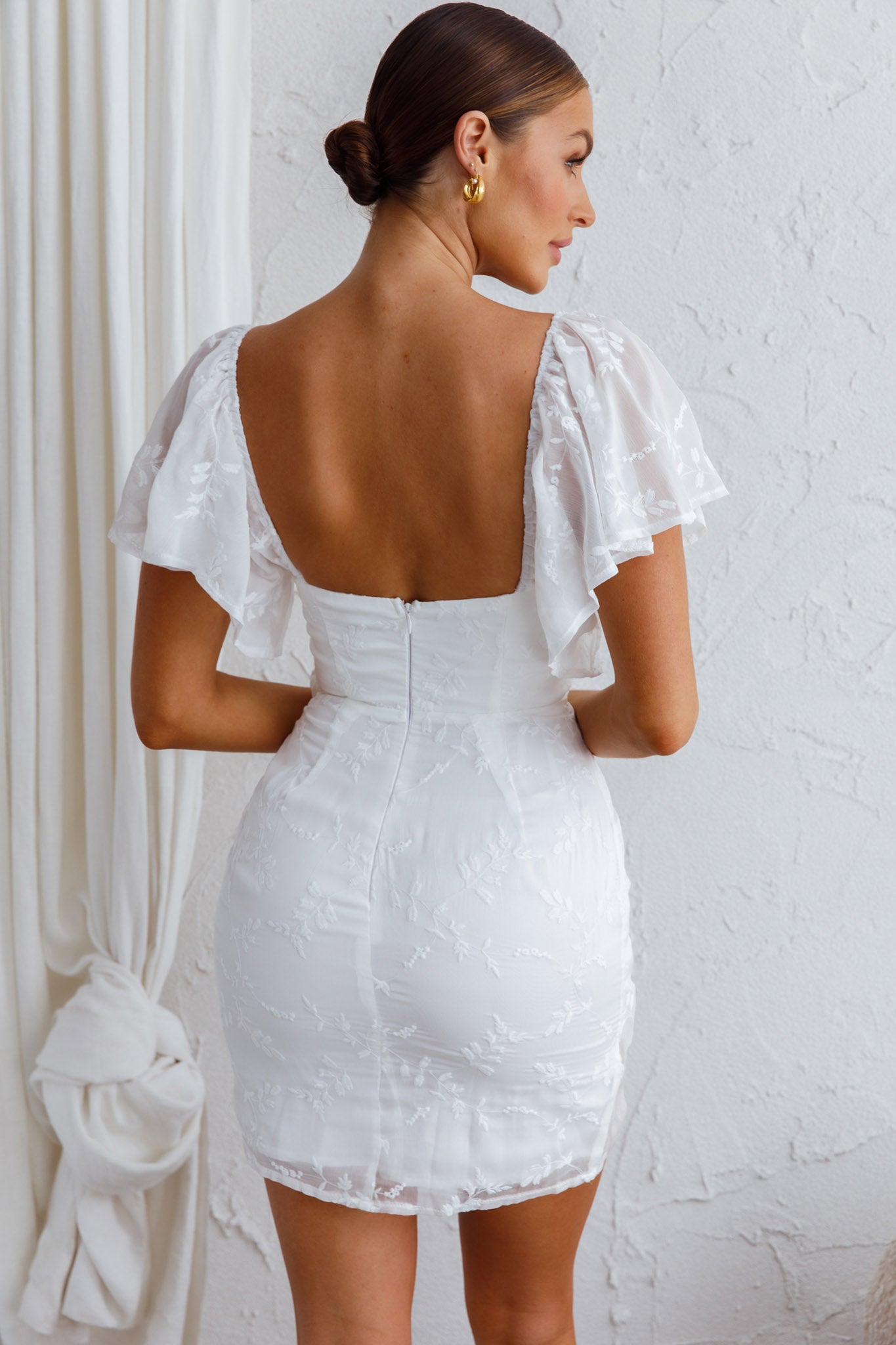 Aphrodite Molded Bust Angel Sleeve Wrap Dress Embroidered White Aphrodite Molded Bust Angel Sleeve Wrap Dress Embroidered White