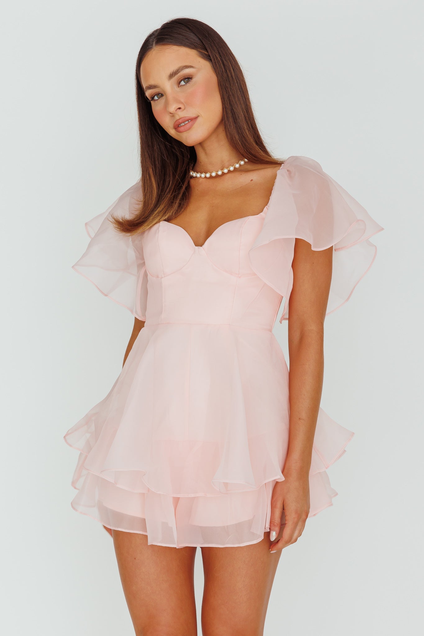 Aphrodite Angel Sleeve Layered Romper Pink by Selfie Leslie