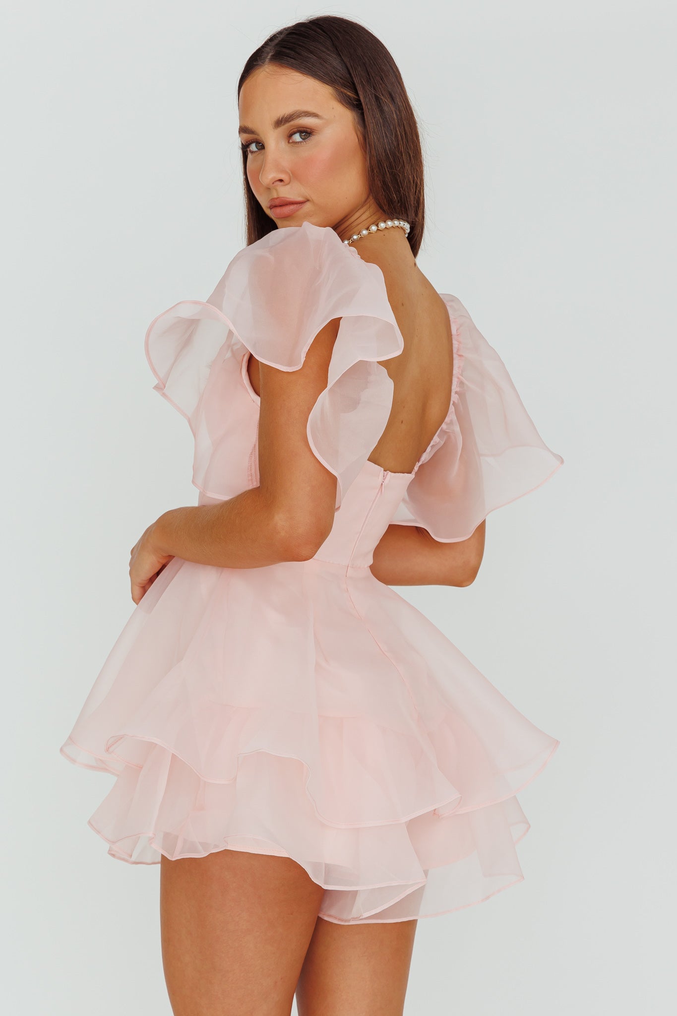 Shop the Aphrodite Angel Sleeve Layered Romper Pink