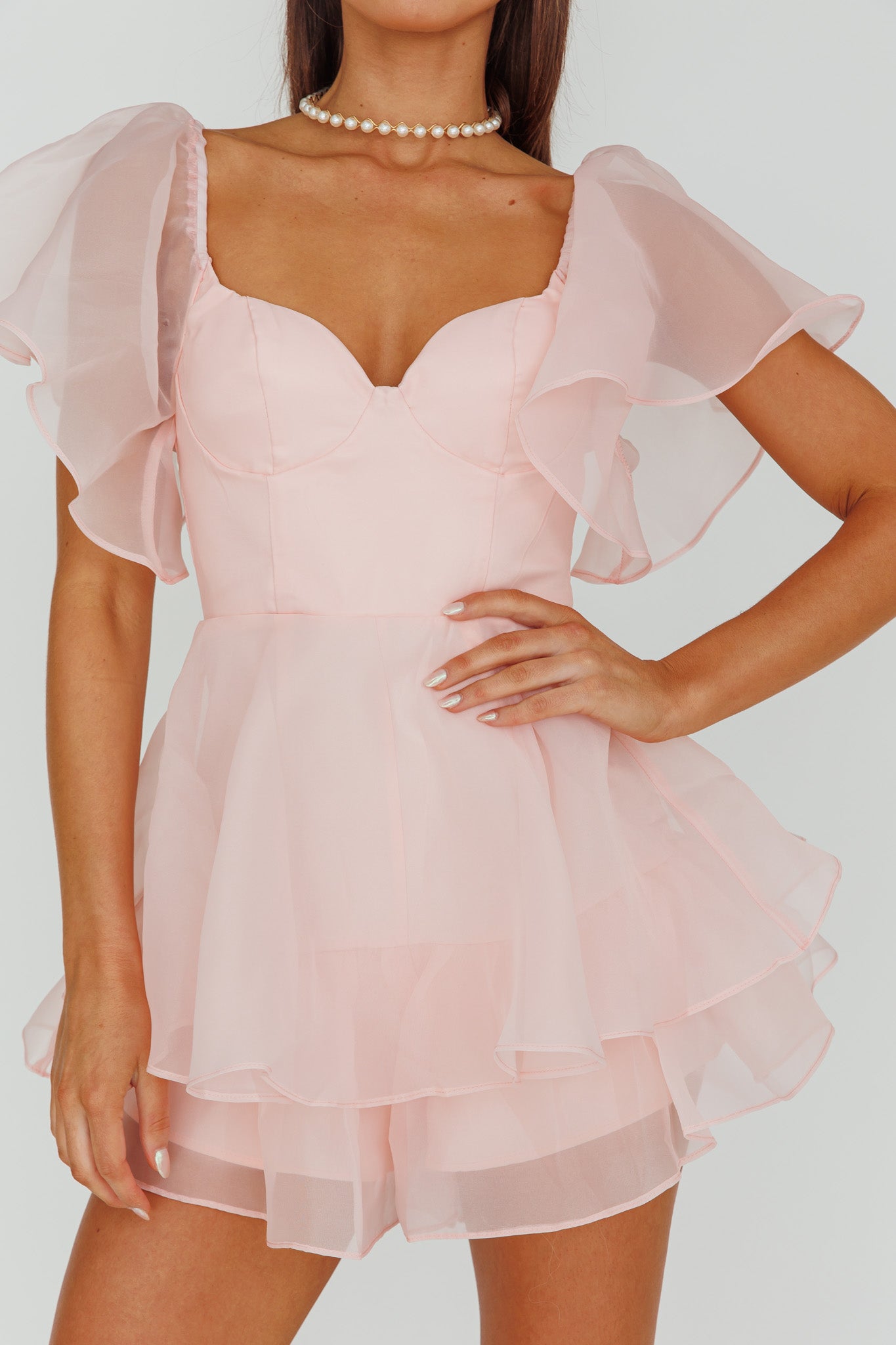 Aphrodite Angel Sleeve Layered Romper Pink by Selfie Leslie