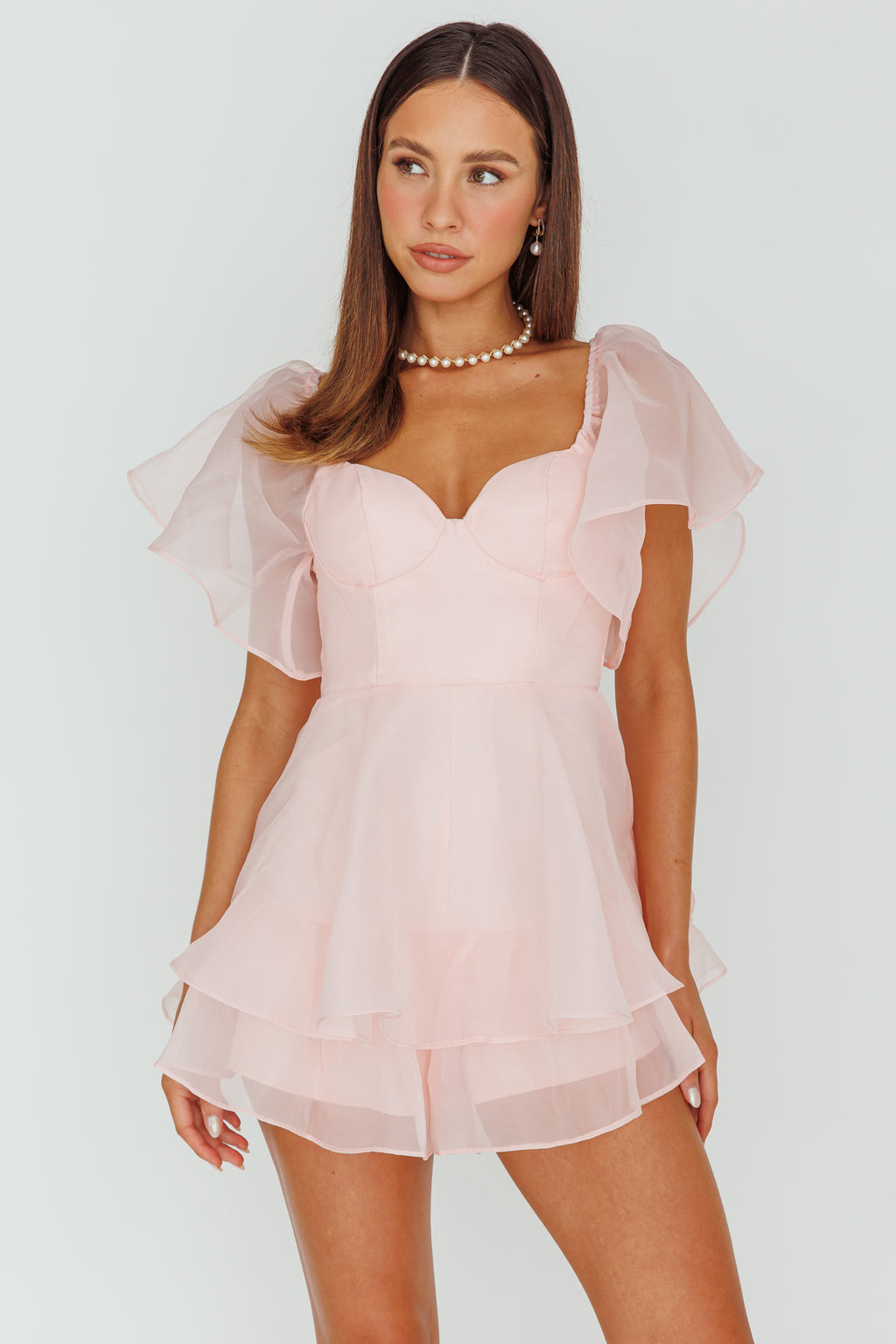 Aphrodite Angel Sleeve Layered Romper Pink by Selfie Leslie