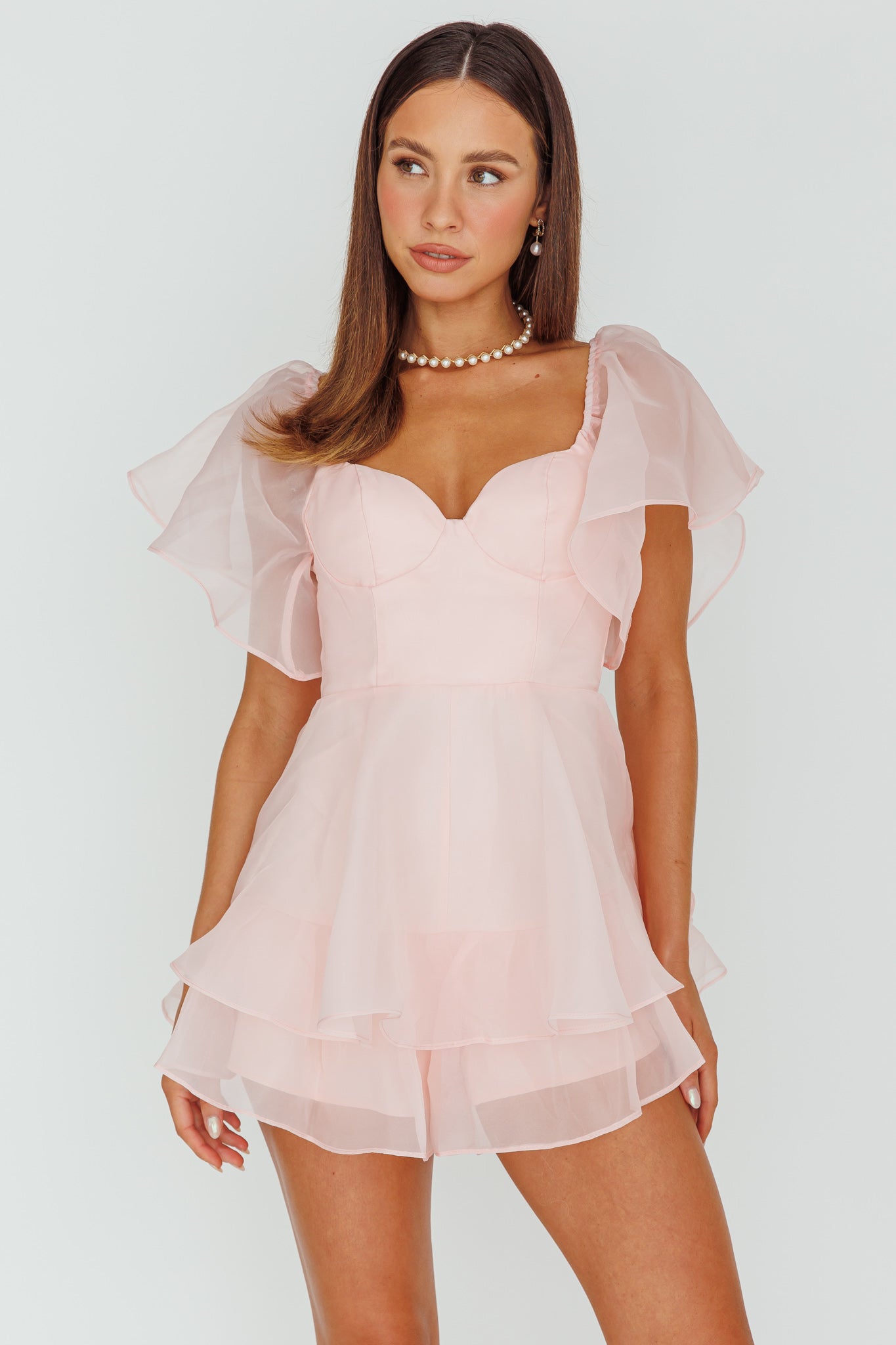 Aphrodite Angel Sleeve Layered Romper Pink by Selfie Leslie