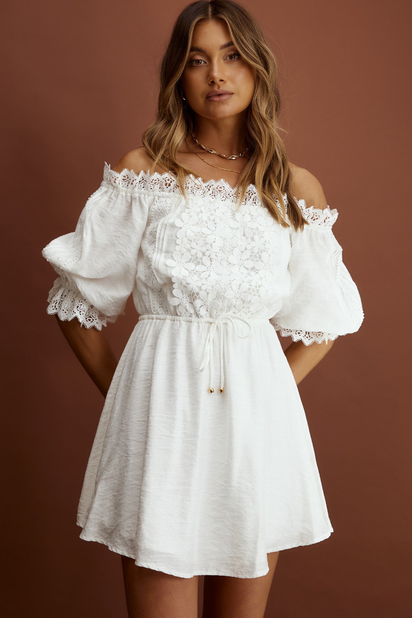 Homeward Off-Shoulder Lace Dress White by Selfie Leslie