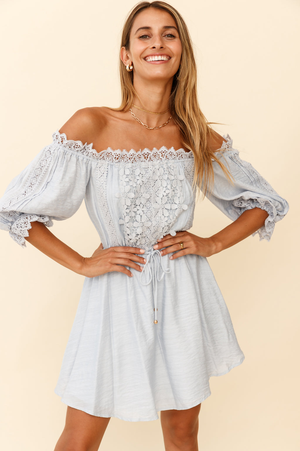 Homeward Off-Shoulder Lace Dress Steel Blue by Selfie Leslie