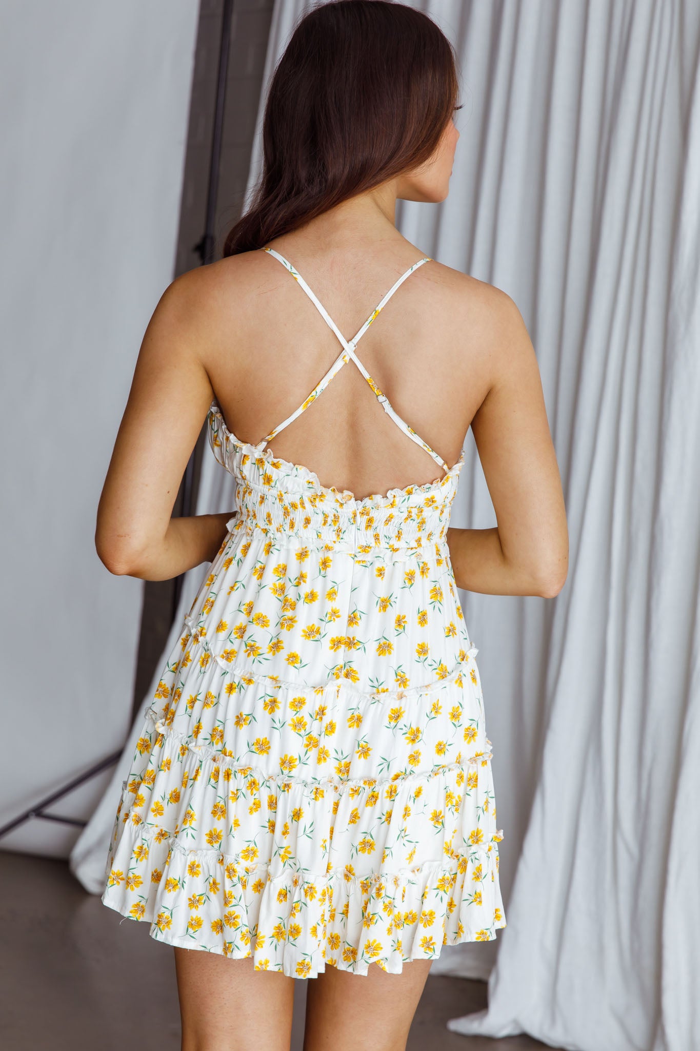 Sunshine Lovers Criss-Cross Back Frill Trim Dress Floral Print White by Selfie Leslie