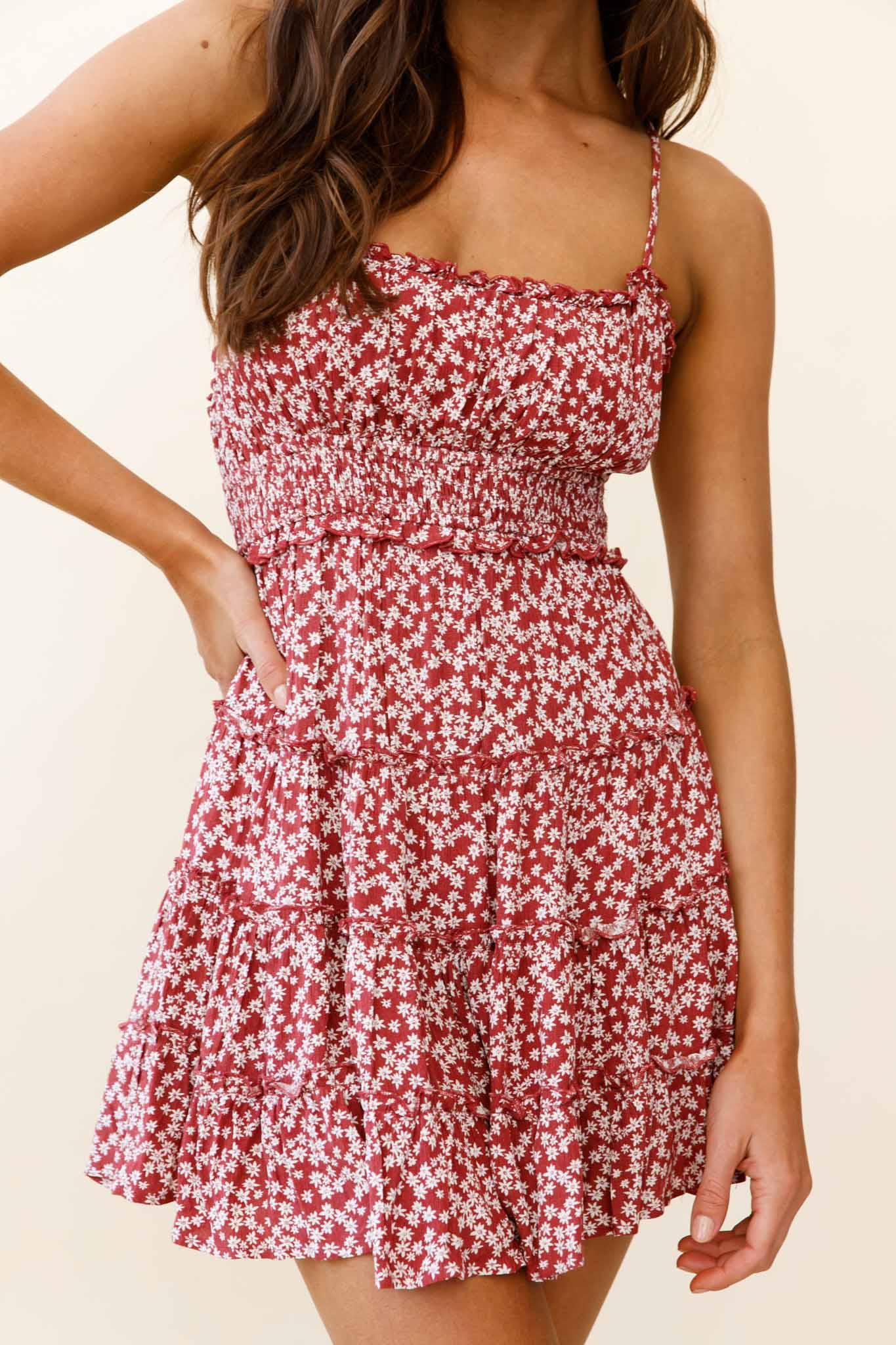 Sunshine Lovers Criss-Cross Back Frill Trim Dress Floral Print Rust by Selfie Leslie