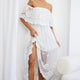 Signet Off-Shoulder Embroidered Mesh Overlay Maxi Dress White