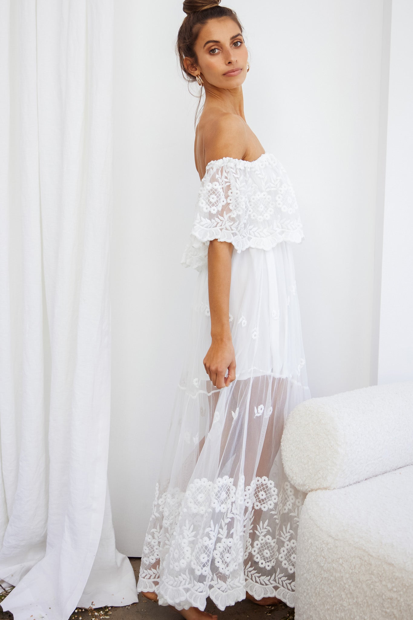 Signet Off-Shoulder Embroidered Mesh Overlay Maxi Dress White by Selfie Leslie