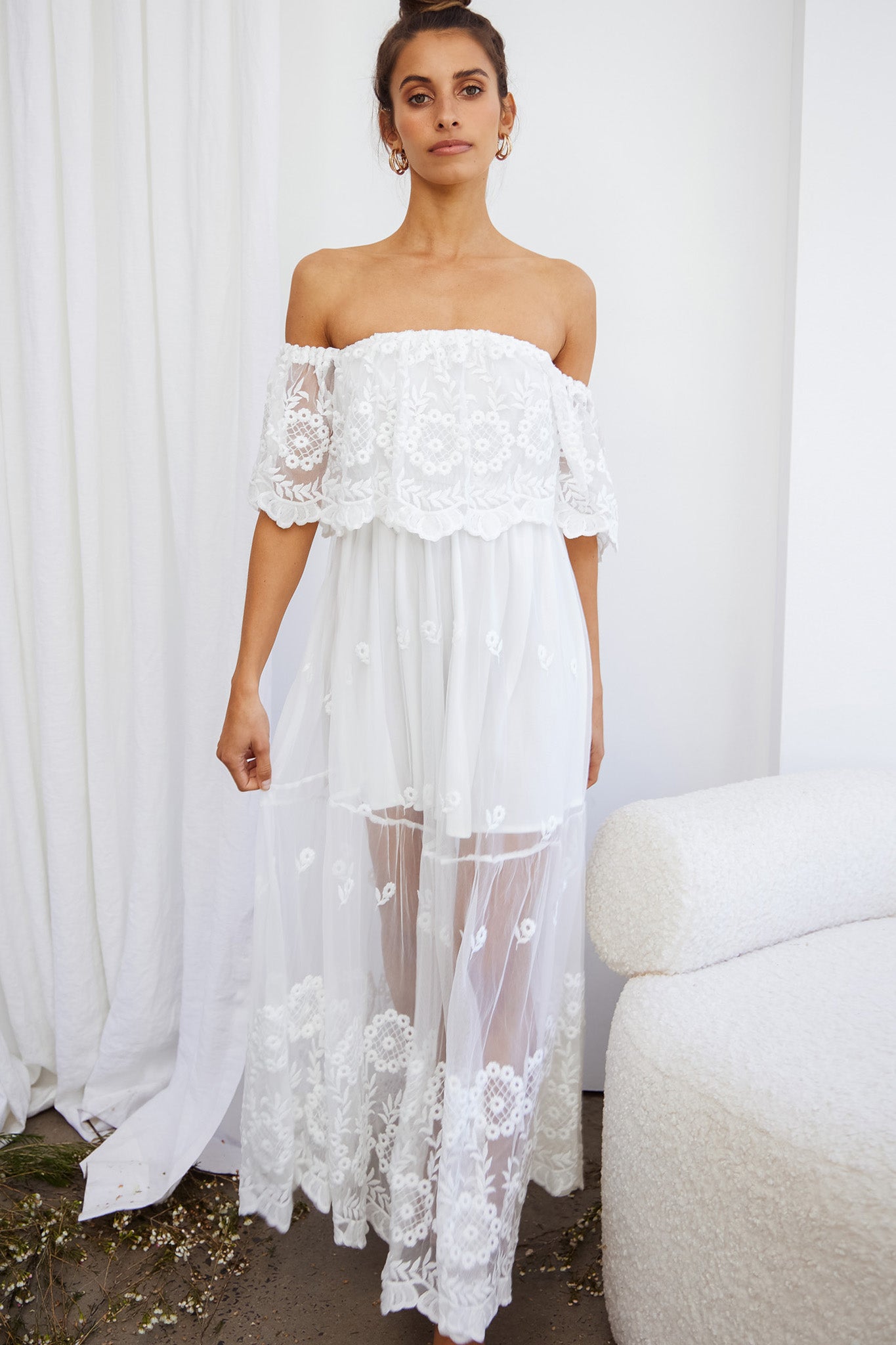 Signet Off-Shoulder Embroidered Mesh Overlay Maxi Dress White by Selfie Leslie