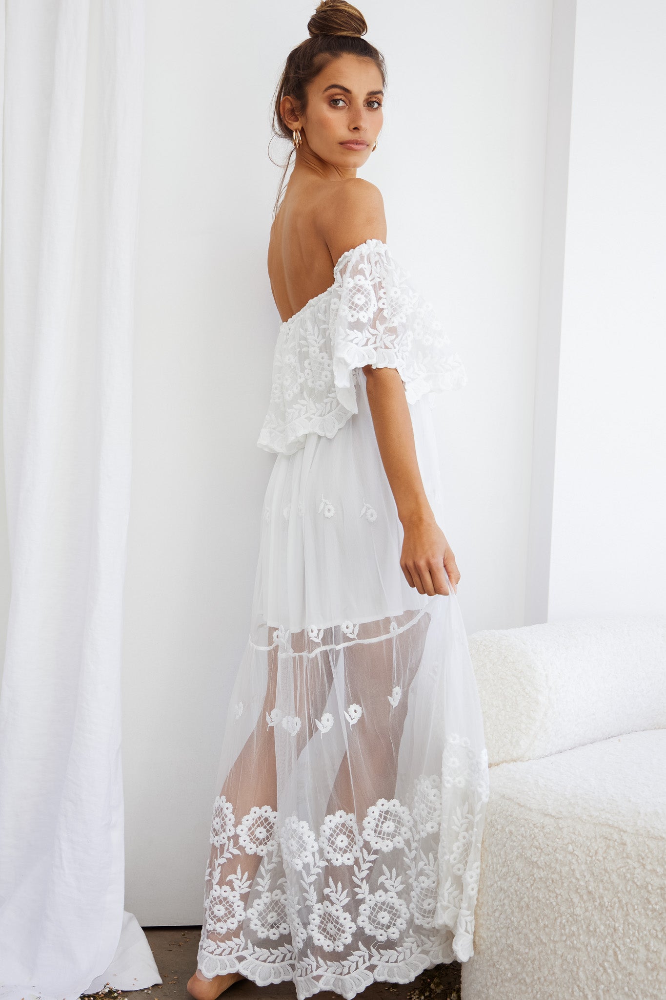 Signet Off-Shoulder Embroidered Mesh Overlay Maxi Dress White by Selfie Leslie