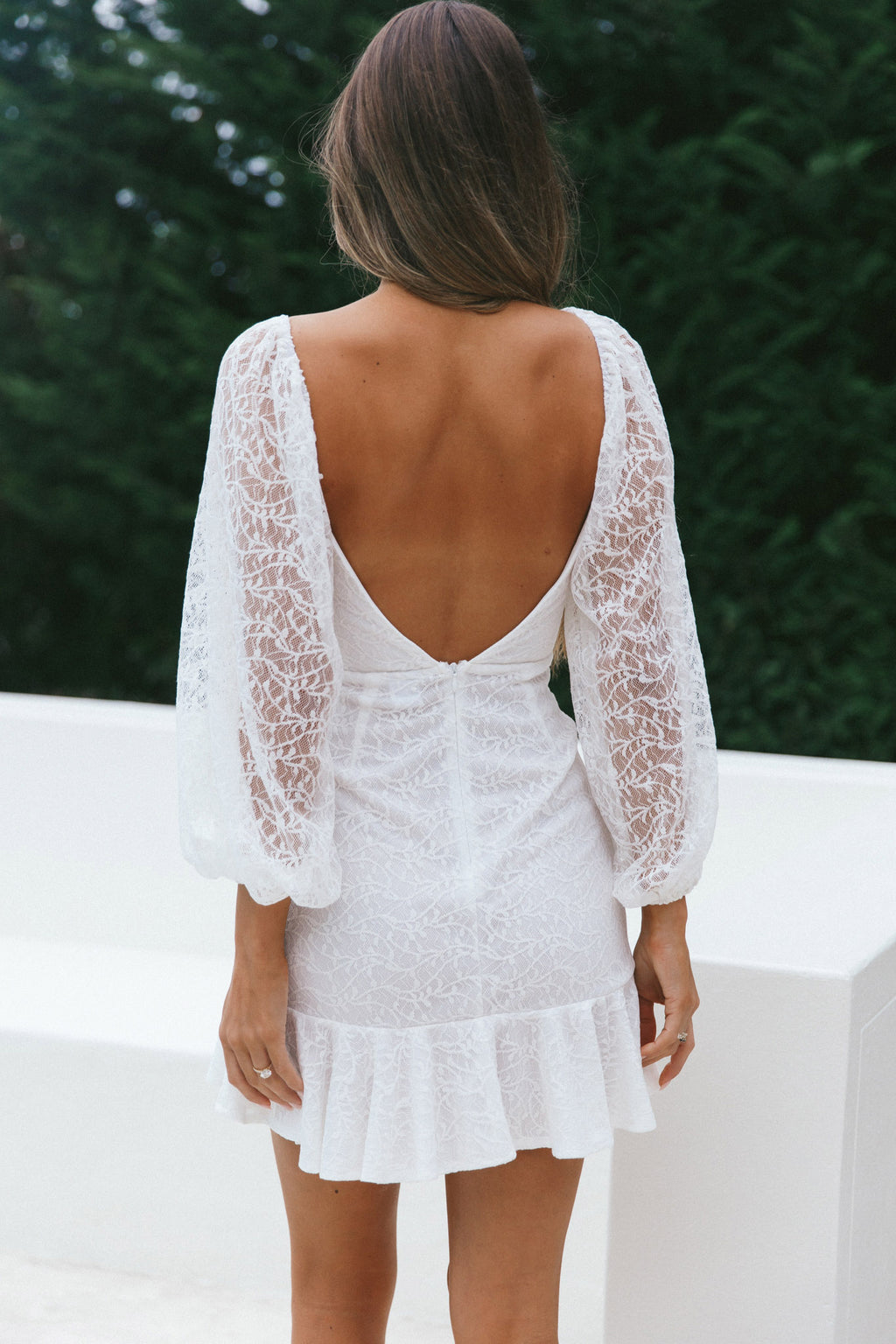 Halley Balloon Sleeve Frill Bust Flounce Hem Lace Dress White by Selfie Leslie