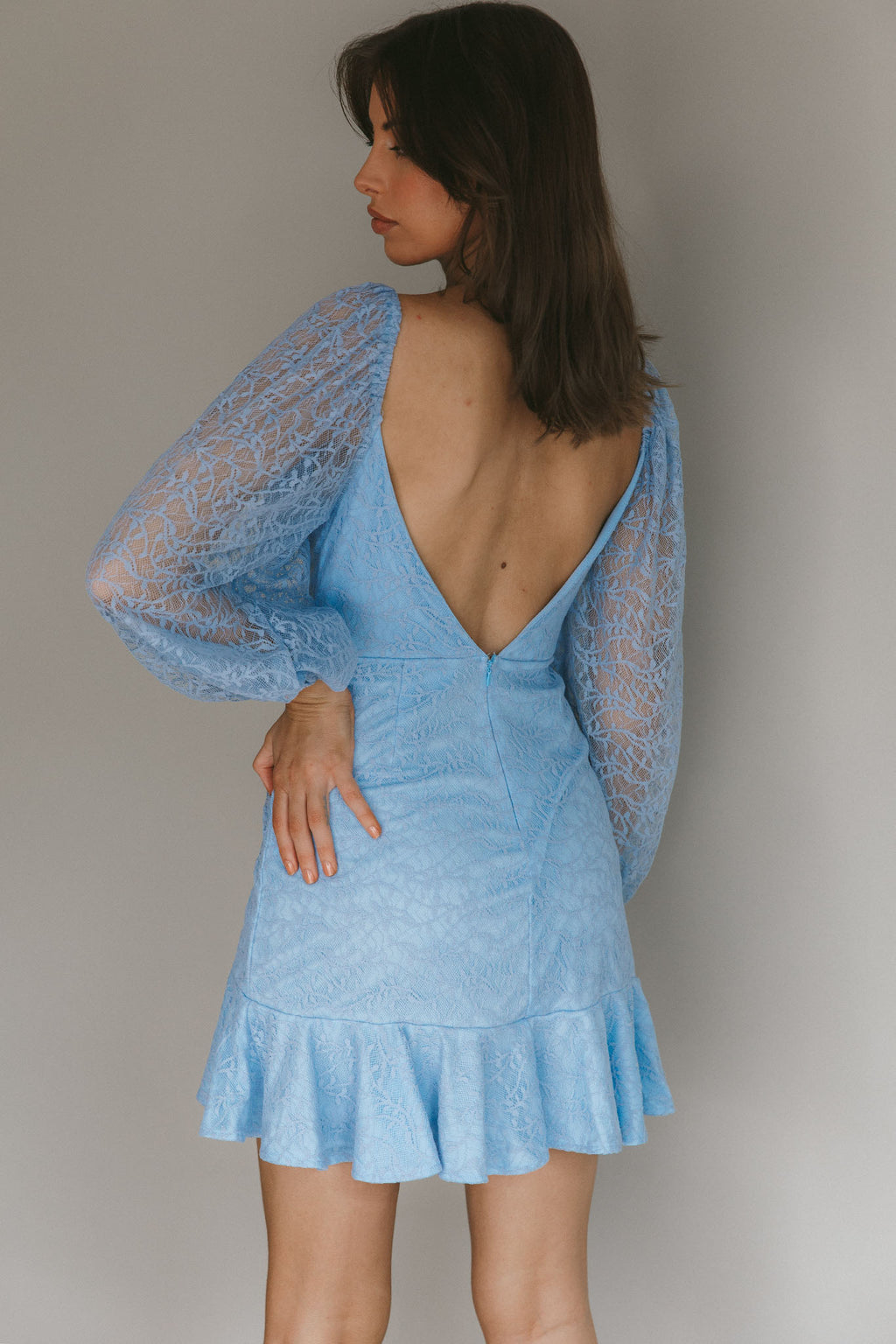 Halley Balloon Sleeve Frill Bust Flounce Hem Lace Dress Baby Blue by Selfie Leslie