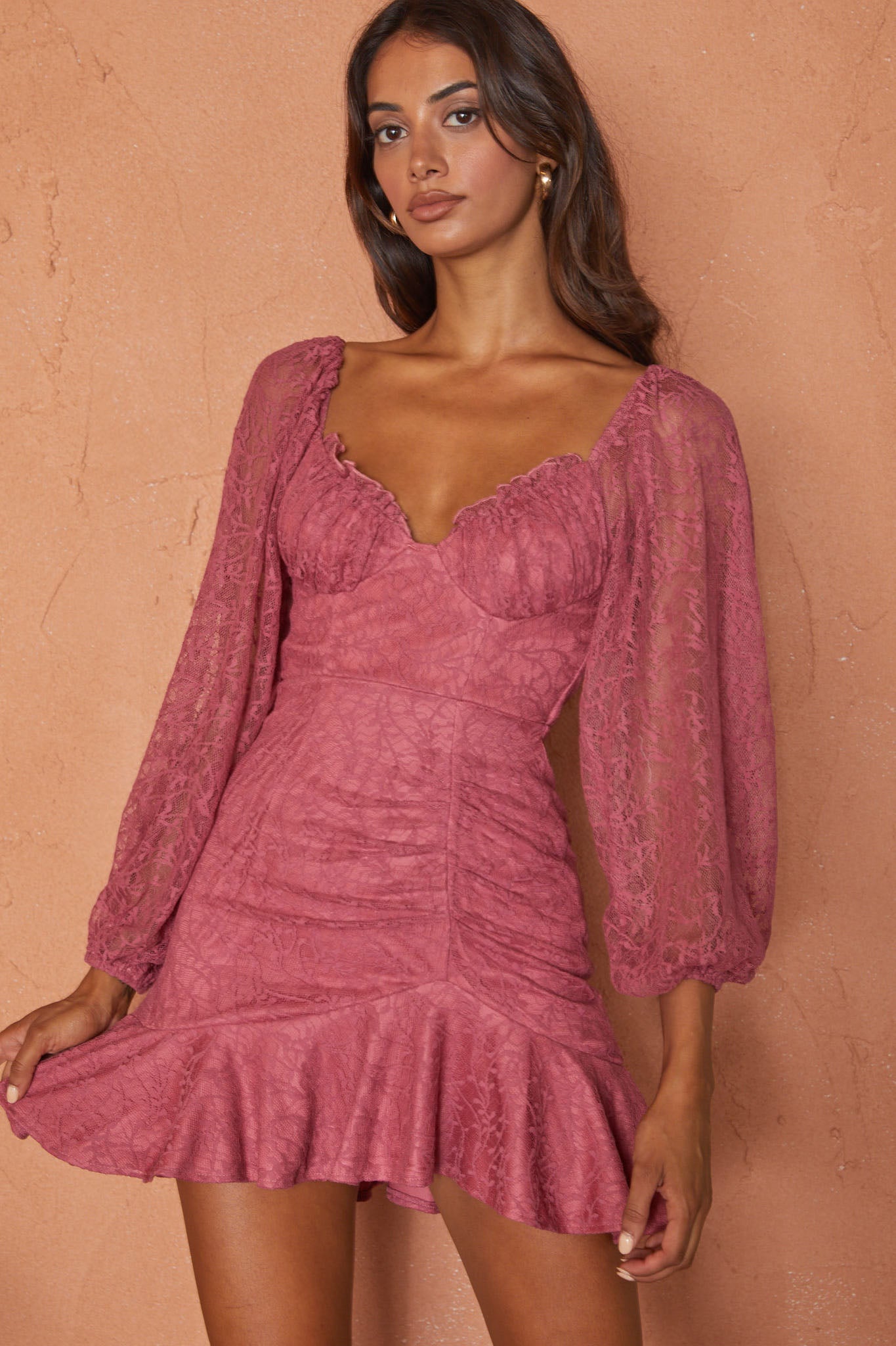 Halley Balloon Sleeve Frill Bust Flounce Hem Lace Dress Rose by Selfie Leslie