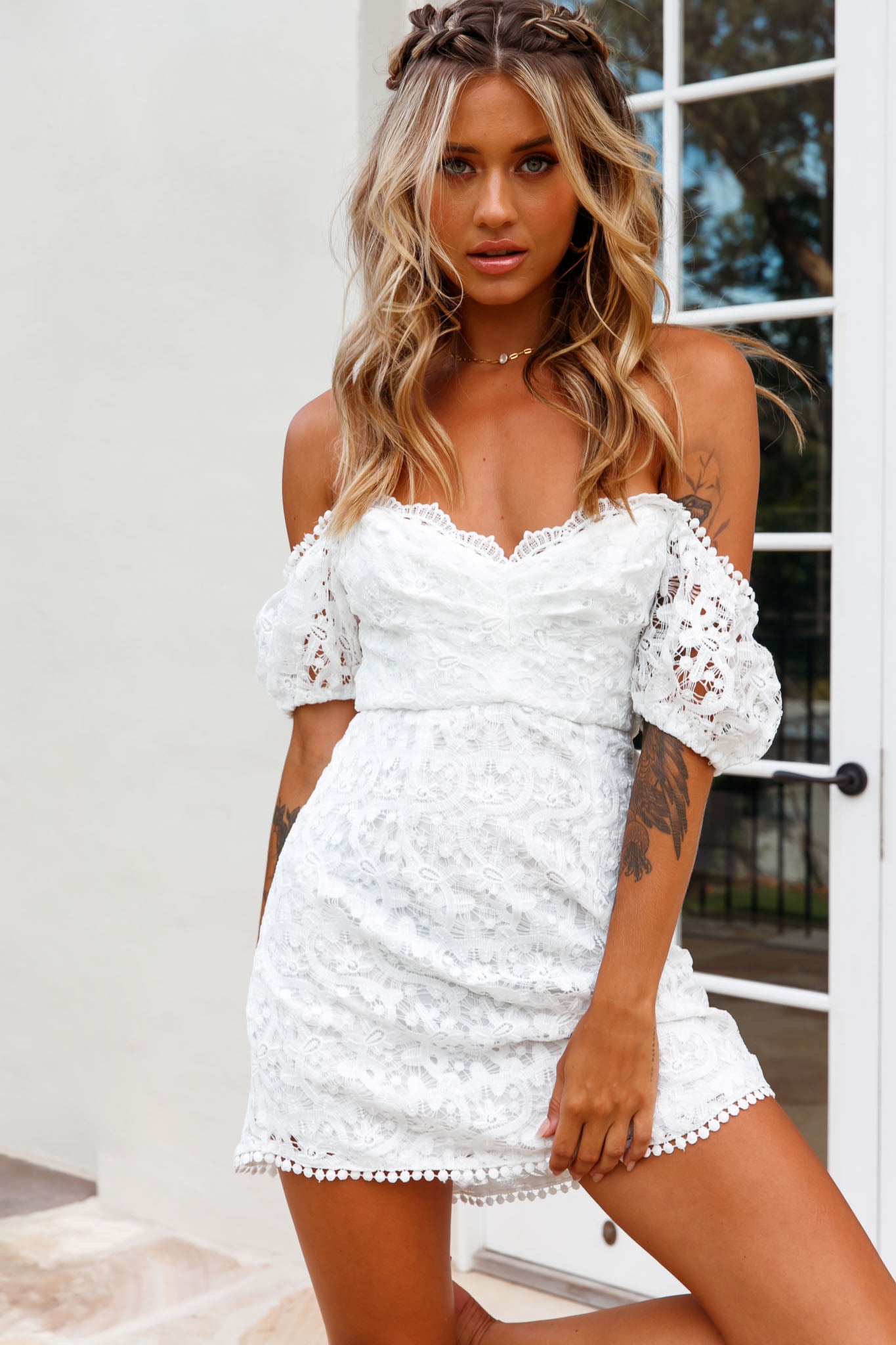 Costa Mesa Puff Sleeve Lace Overlay Dress White by Selfie Leslie