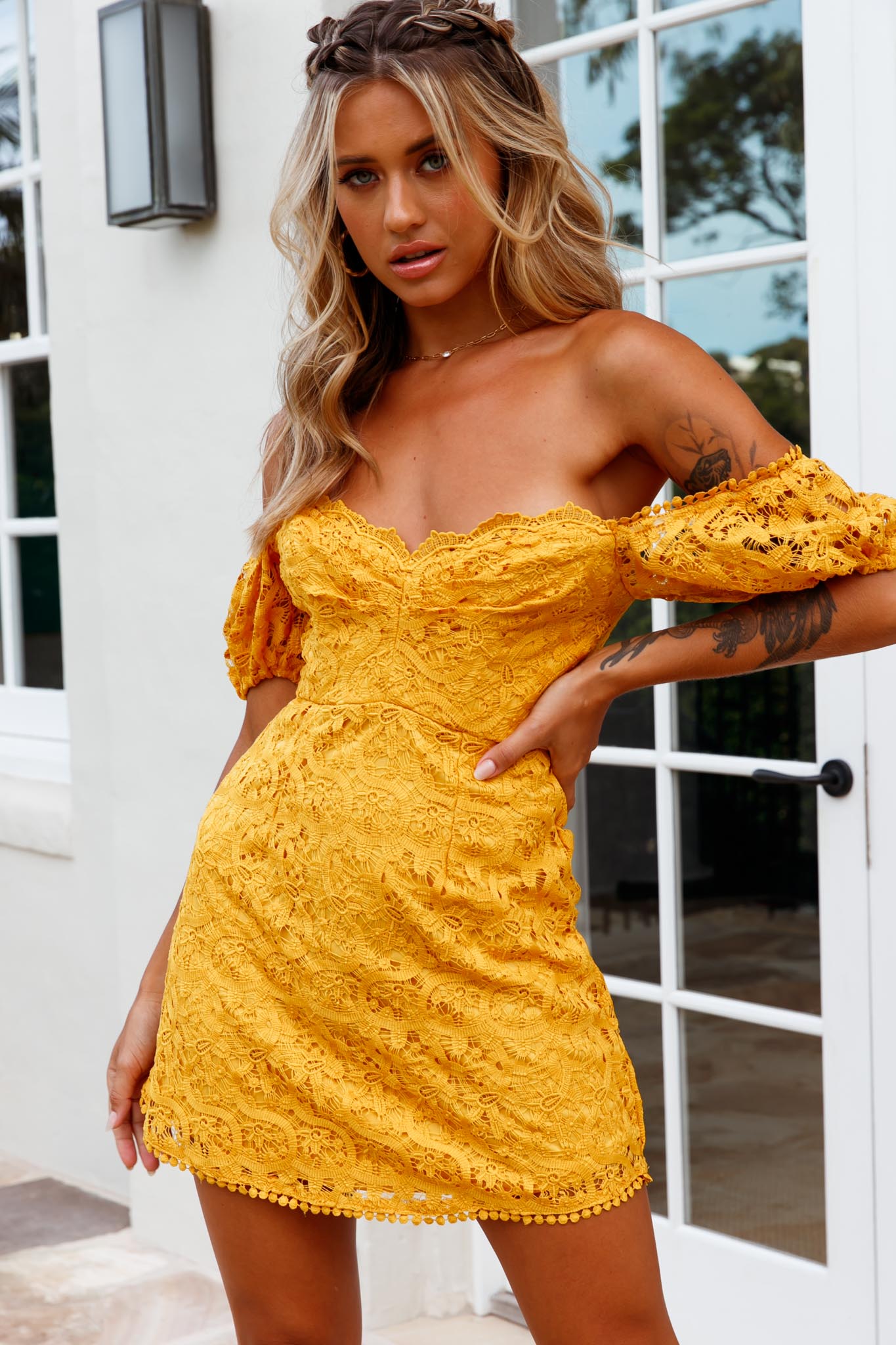 Costa Mesa Puff Sleeve Lace Overlay Dress Yellow Costa Mesa Puff Sleeve Lace Overlay Dress Yellow