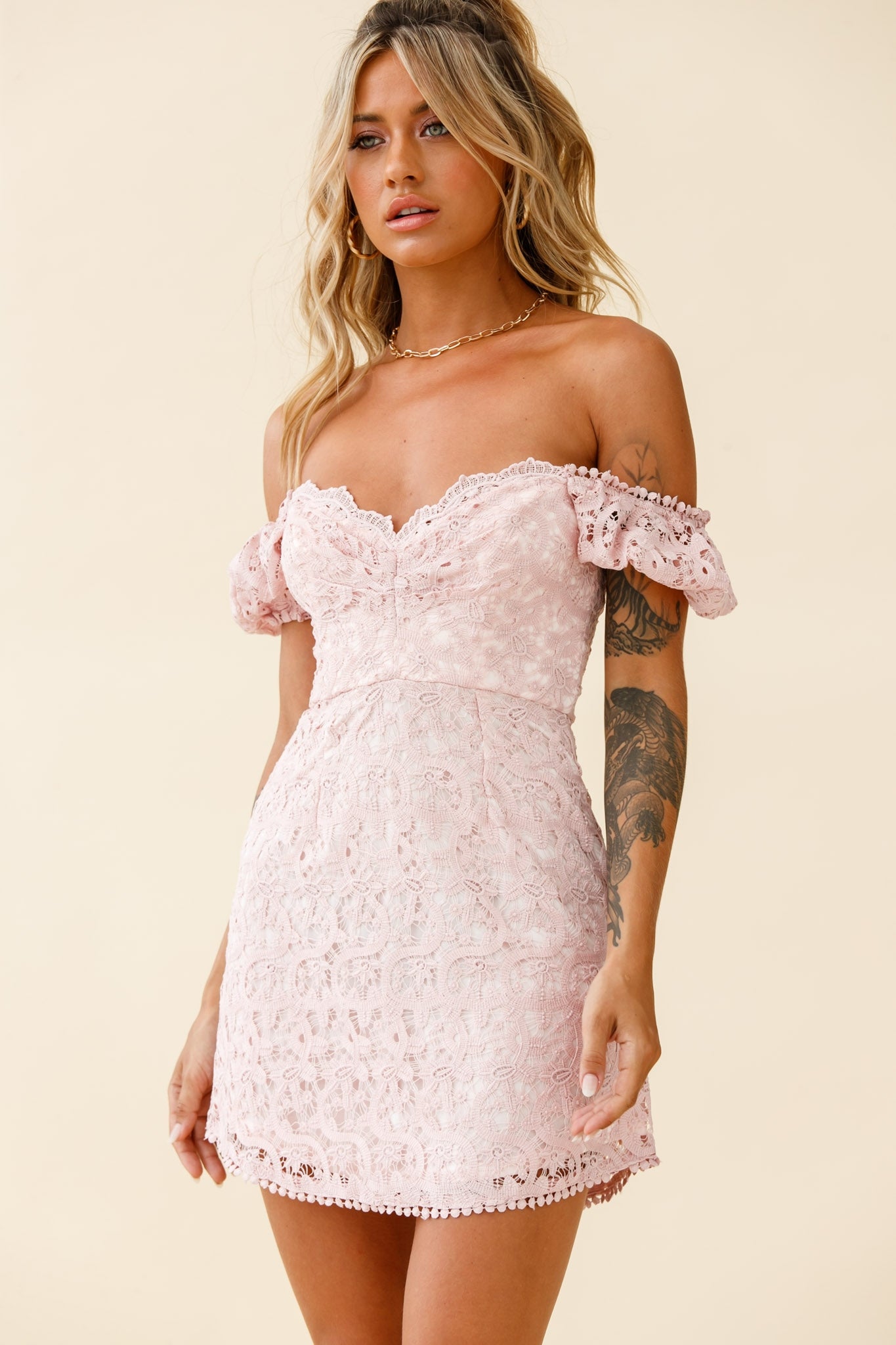 light pink lace bodycon dress Costa Mesa Puff Sleeve Lace Overlay Dress Pink
