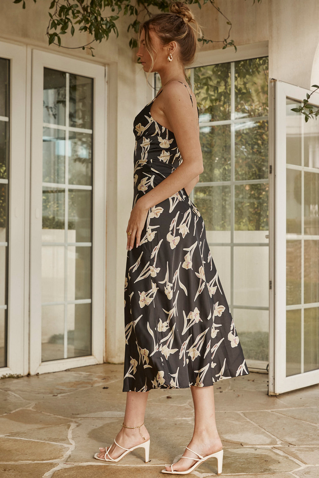 Lake Como Fitted Bodice Cami Strap Midi Dress Orchid Print Black by Selfie Leslie