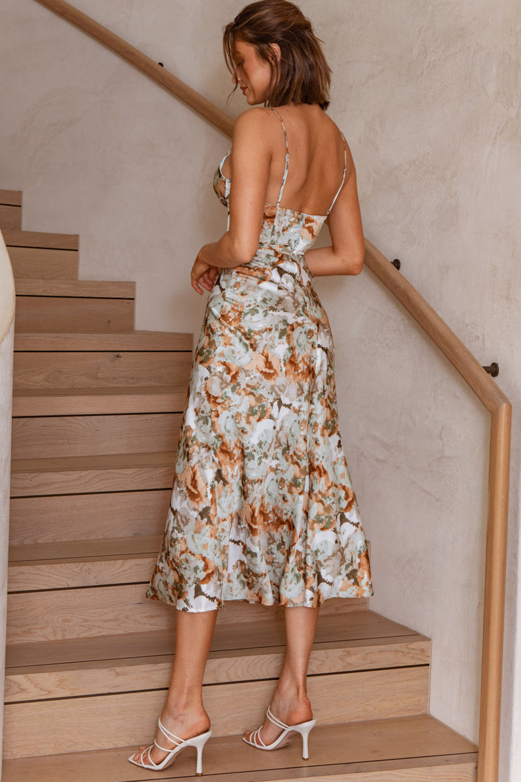 Lake Como Fitted Bodice Cami Strap Midi Dress Abstract Print Sage by Selfie Leslie