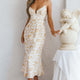 Lake Como Fitted Bodice Cami Strap Midi Dress Painted Floral Print Beige