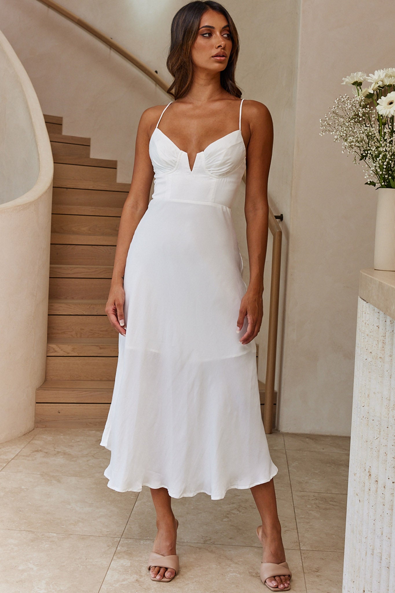 Shop the Lake Como Fitted Bodice Cami Strap Midi Dress White