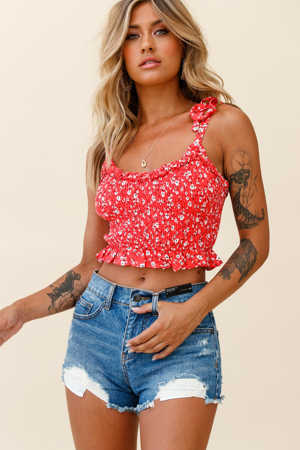 Daisy Chain Tied Shoulder Shirred Crop Top Floral Print Red by Selfie Leslie