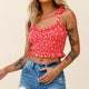 Daisy Chain Tied Shoulder Shirred Crop Top Floral Print Red