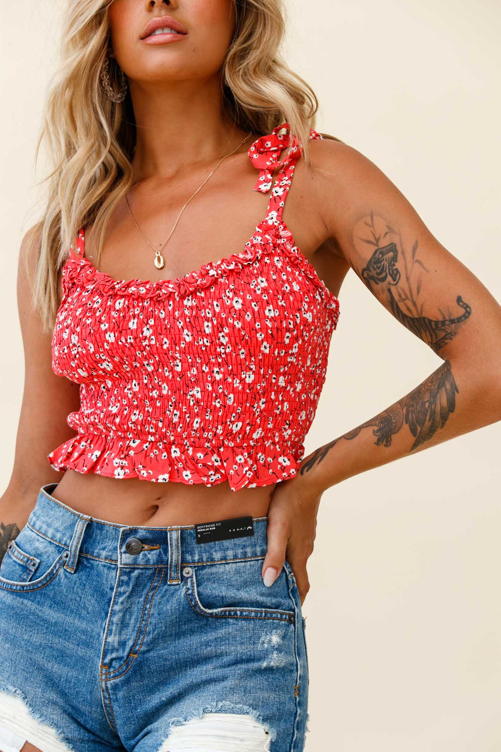 Daisy Chain Tied Shoulder Shirred Crop Top Floral Print Red by Selfie Leslie