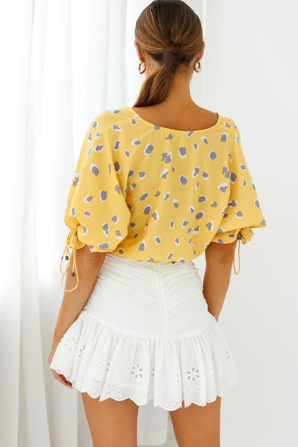 Distant Sun Drawstring Waist Crop Top Animal Print Yellow by Selfie Leslie